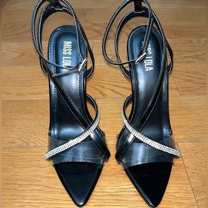 Miss Lola black strappy rhinestone clear heel size 6